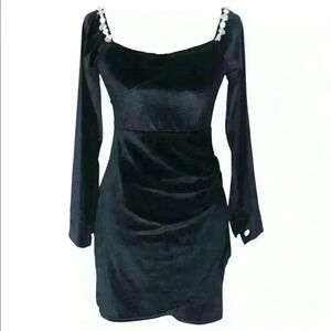 Celine Rhinestone Velvet Long Sleeve Mini Dress in Black